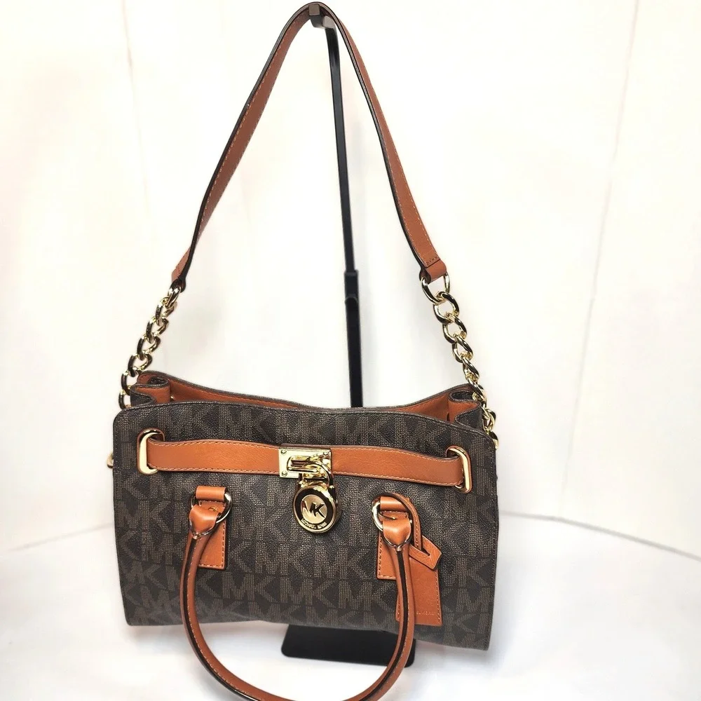Michael Kors Hamilton Satchel Brown Monogram Canvas Tan Leather Gold Padlock Bag